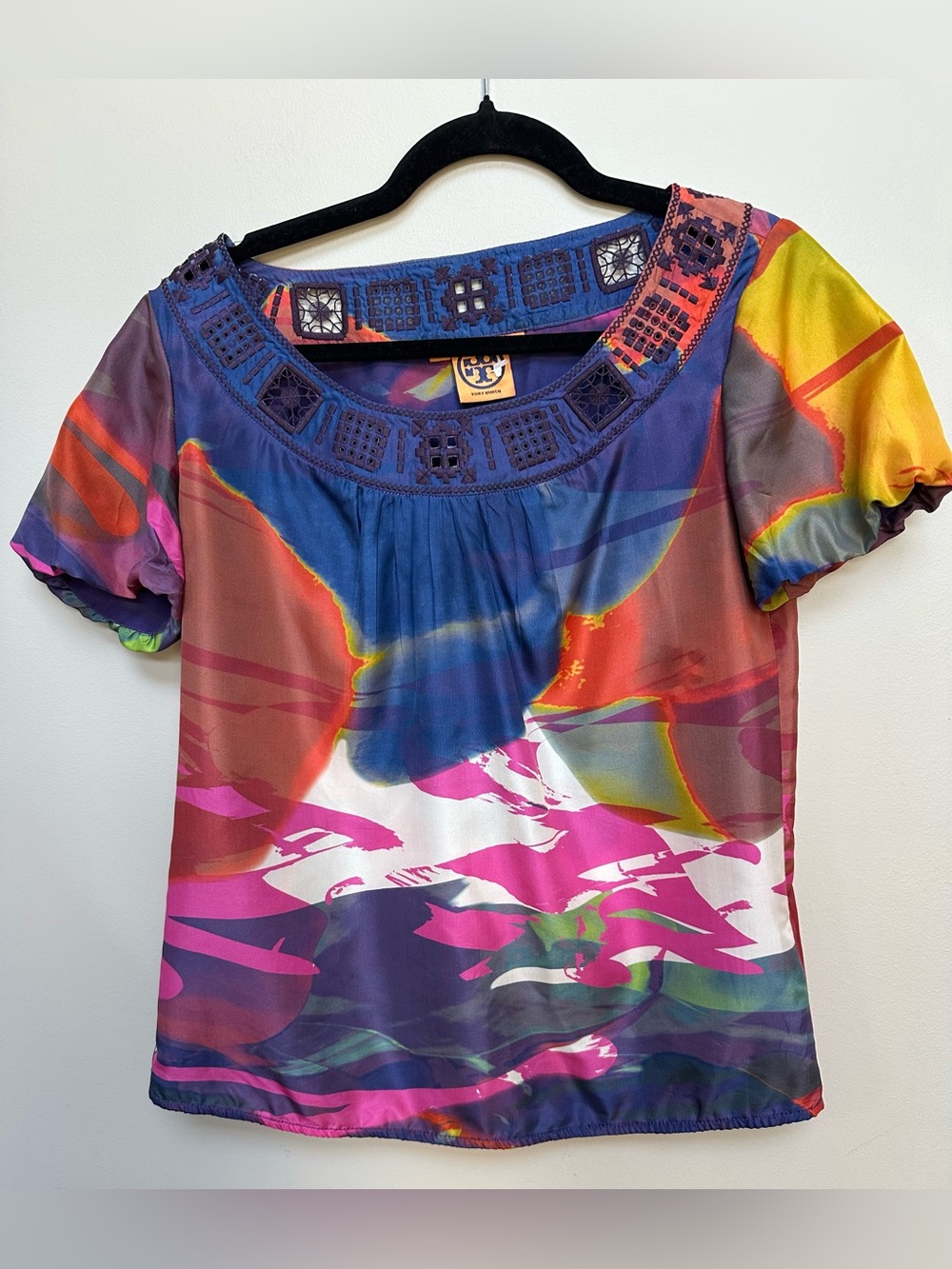 Tory Burch Sz 4 Silk Multicolor Abstract Floral Watercolor Scoop-Neck Blouse Top